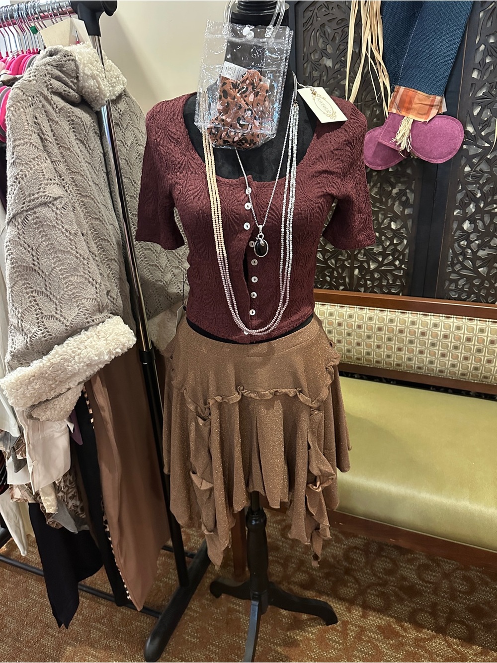 Joyfolie Brown Asymmetrical Tiered Ruffle Skirt with top and necklaces
